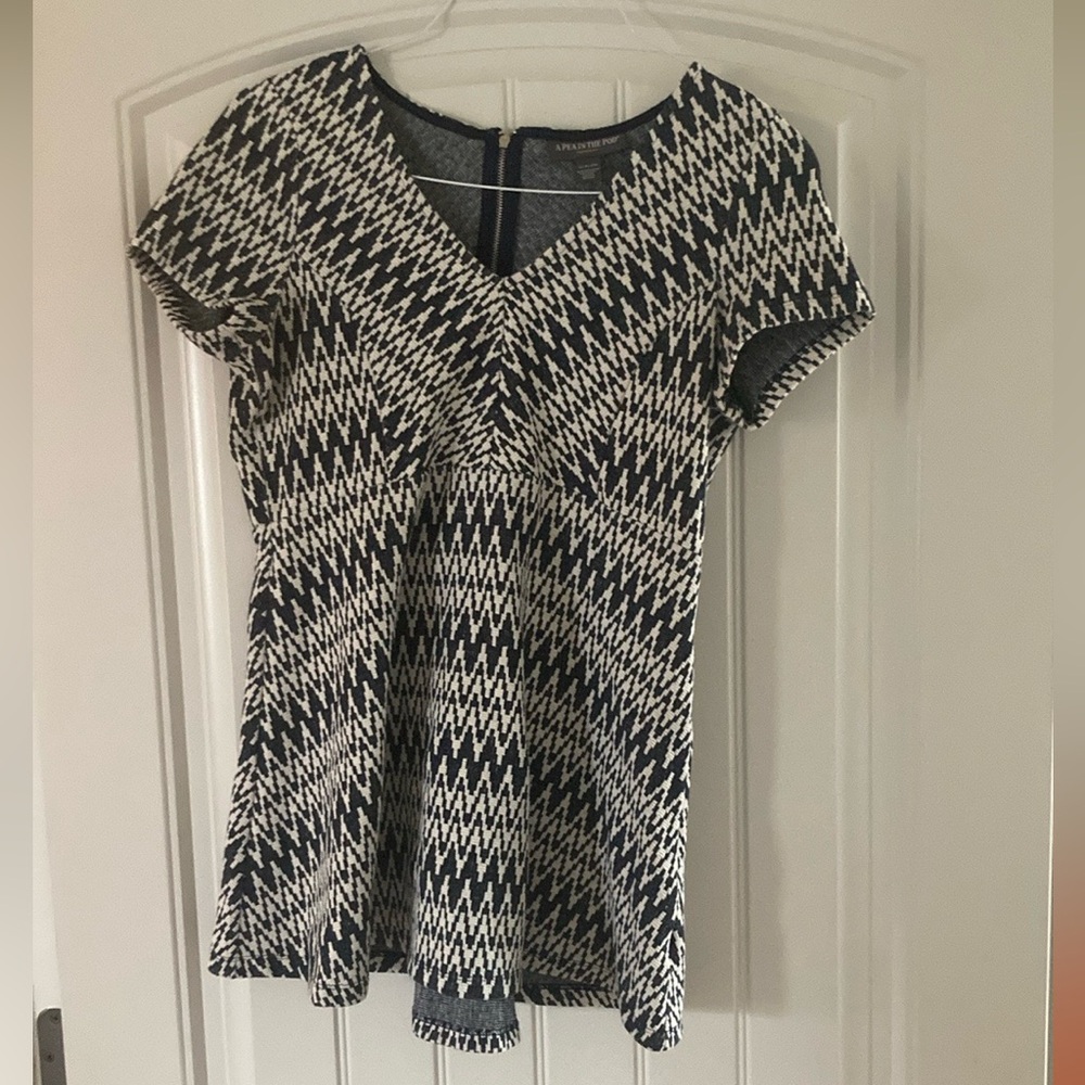 Blue and White Geometric Patterned Peplum Maternity Top